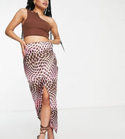 First Distraction Petite Womens The Label Satin Midi Skirt With Split in Pink And Brown Geo Print