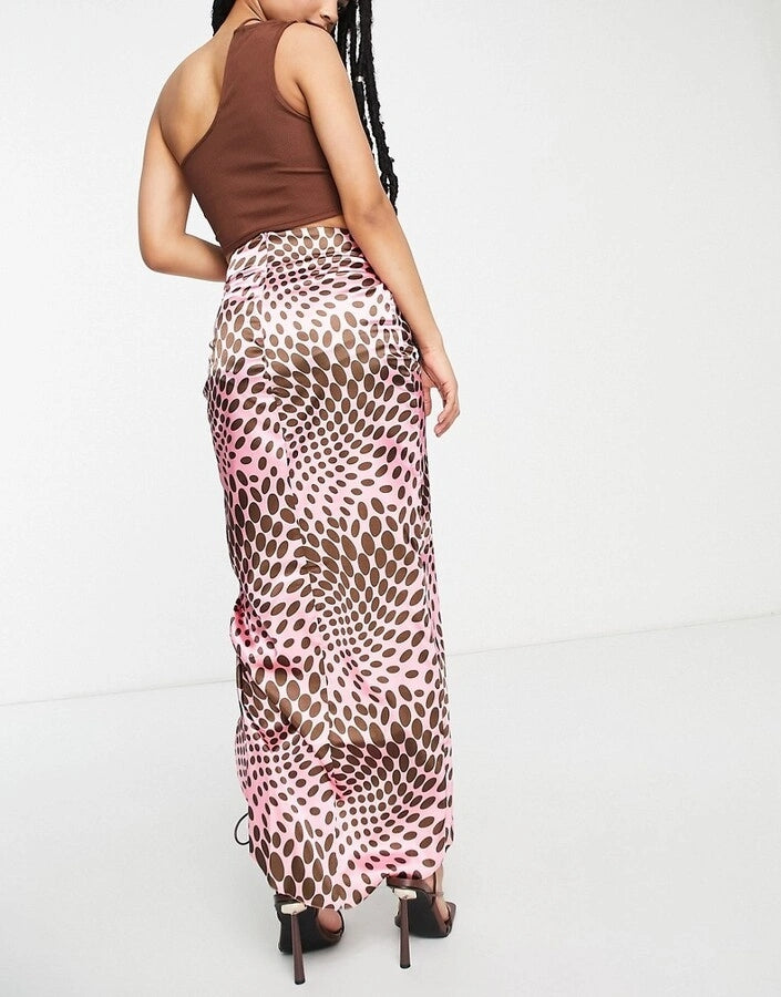 First Distraction Petite Womens The Label Satin Midi Skirt With Split in Pink And Brown Geo Print