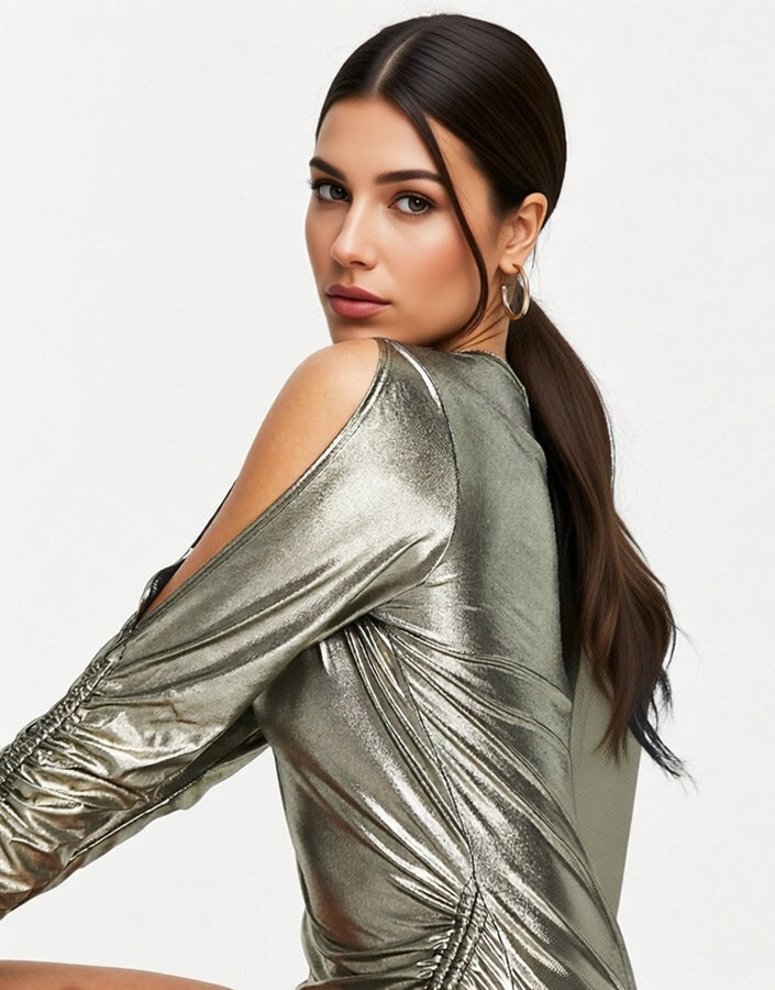 First Distraction Tall Women's The Label Ruched Metallic Mini Dress In Gold