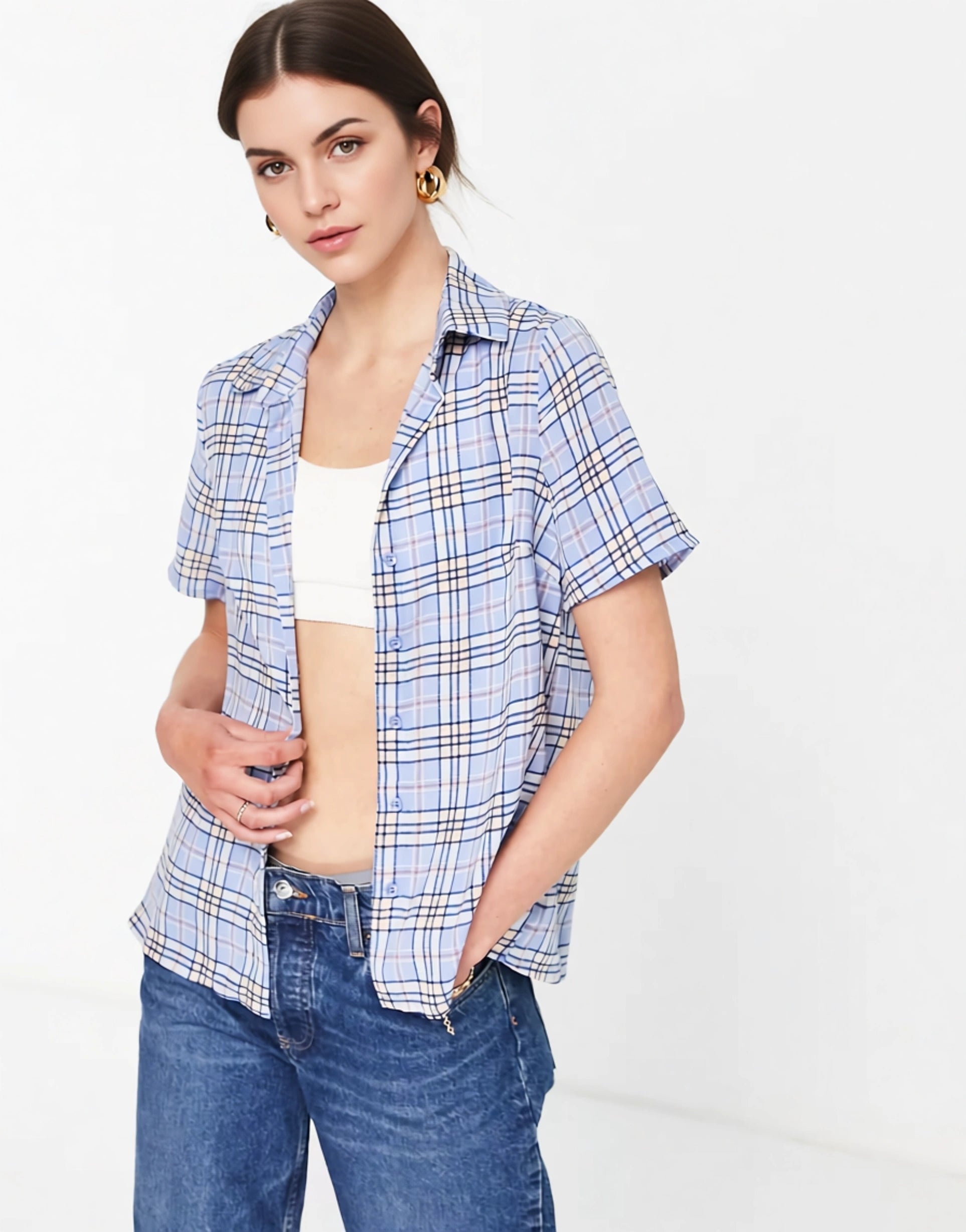 Urban Threads Women's Shirt Co-Ord in Blue Check In Blue