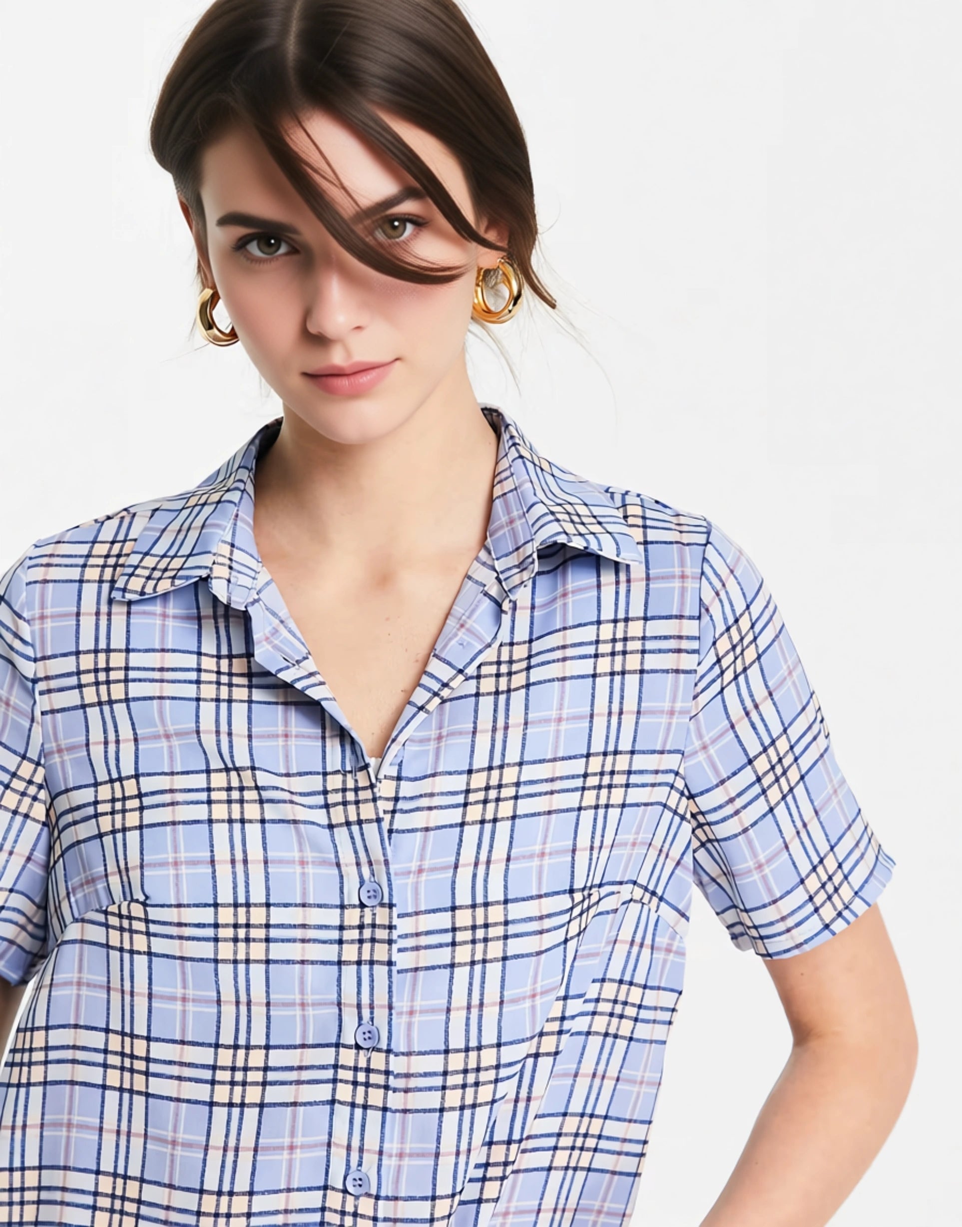 Urban Threads Women's Shirt Co-Ord in Blue Check In Blue