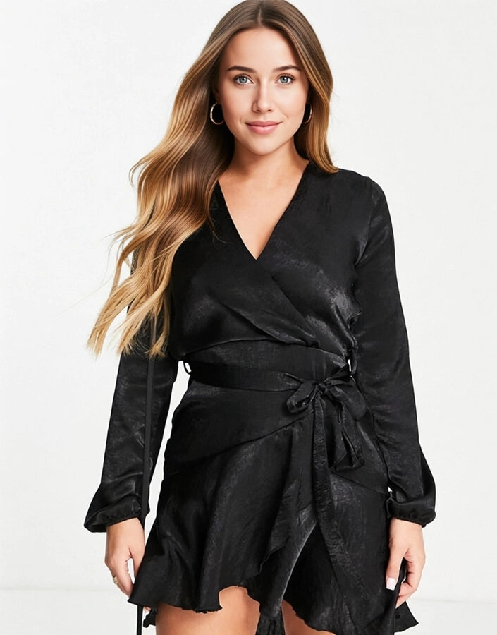 First Distraction Womens The Label Satin Mini Wrap Dress In Black