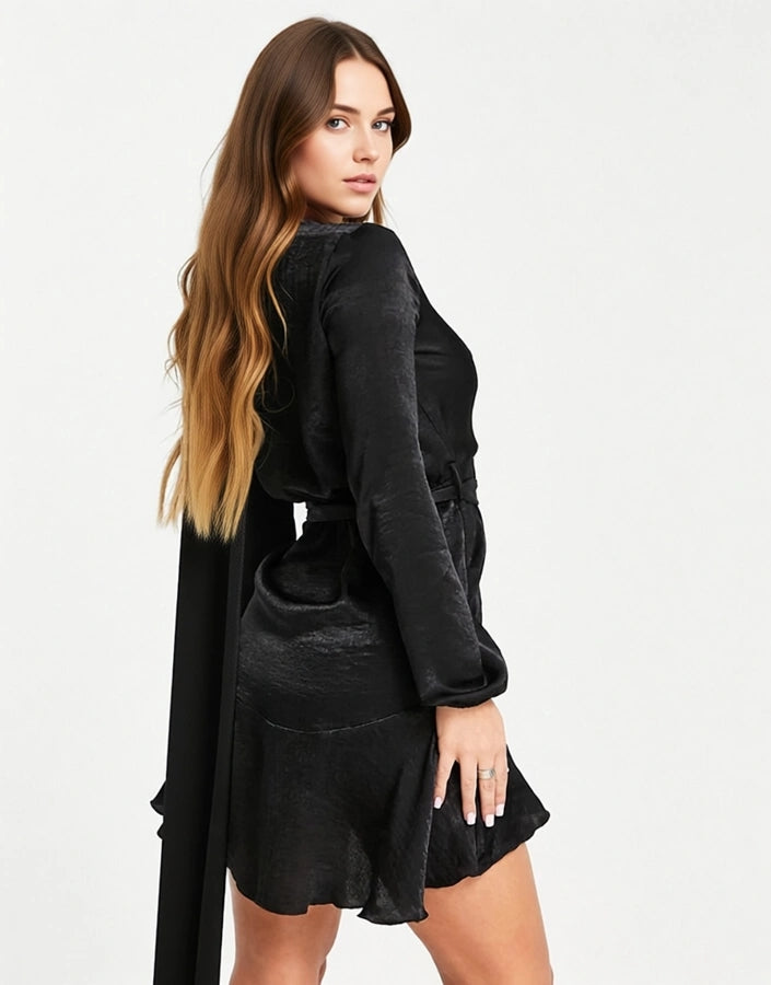 First Distraction Womens The Label Satin Mini Wrap Dress In Black