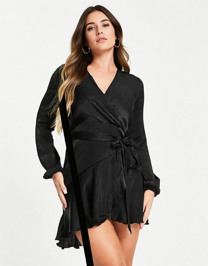 First Distraction Womens The Label Satin Mini Wrap Dress In Black