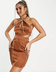 NaaNaa Womens Cut Out Satin Bodycon Mini Dress In Brown