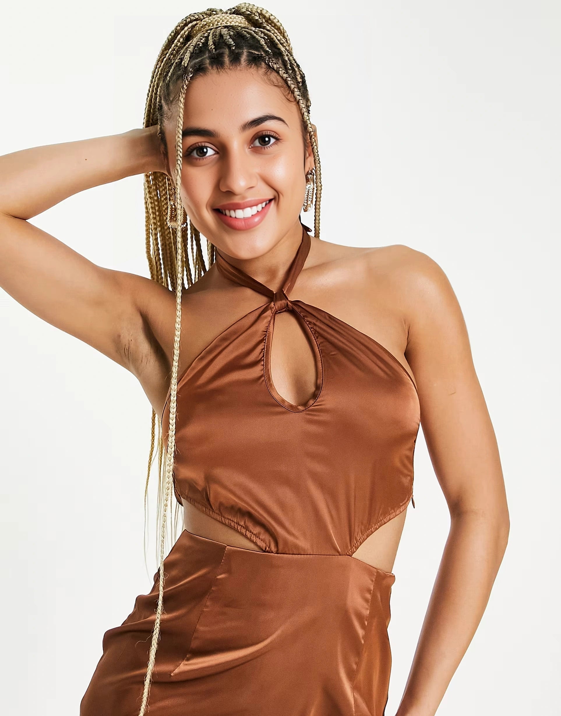 NaaNaa Womens Cut Out Satin Bodycon Mini Dress In Brown