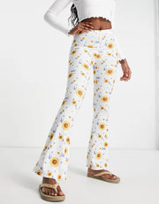 Glamorous Womens High Waisted Flare Trousers in Sunflower Rib Co-Ord In Multi