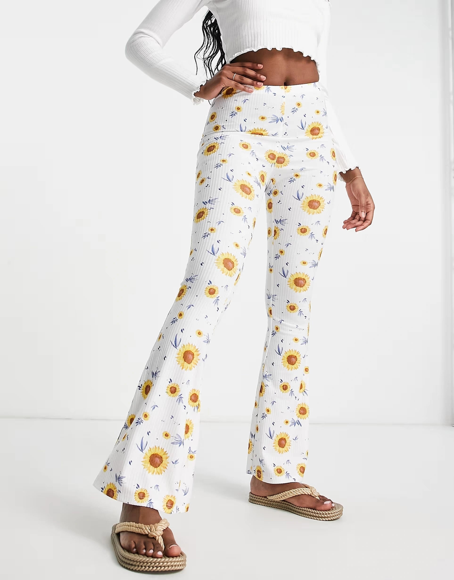 Glamorous Womens High Waisted Flare Trousers in Sunflower Rib Co-Ord In Multi