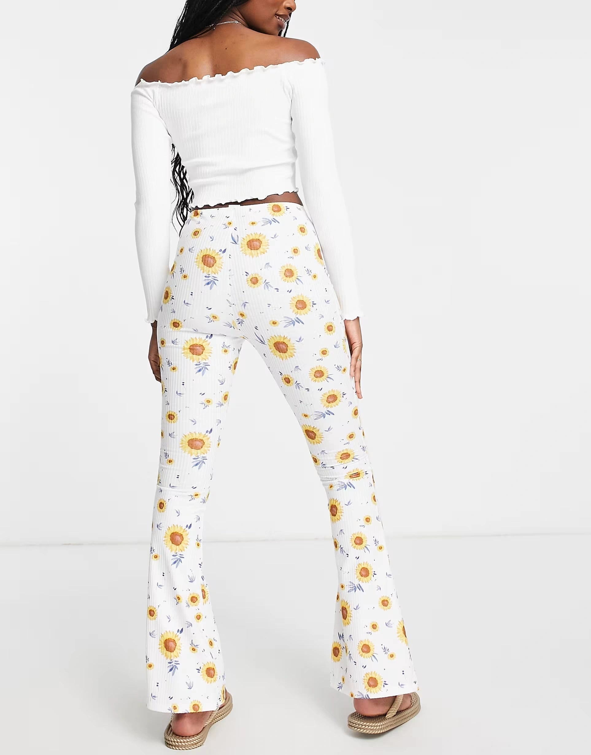 Glamorous Womens High Waisted Flare Trousers in Sunflower Rib Co-Ord In Multi
