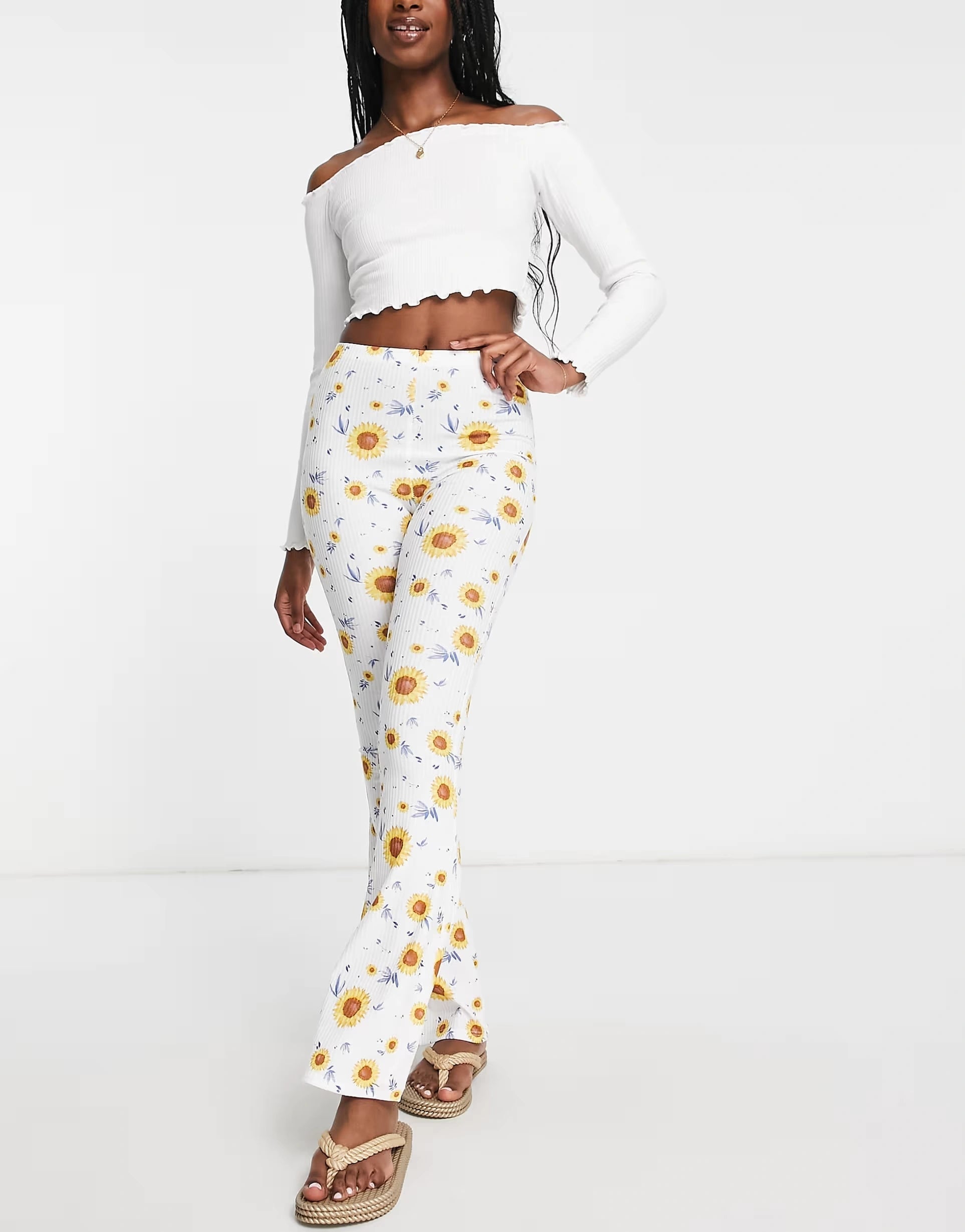 Glamorous Womens High Waisted Flare Trousers in Sunflower Rib Co-Ord In Multi