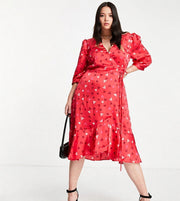 Womens Liquorish Curve Valentines Wrap Midi Dress With Frill Hem In Red Heart Print