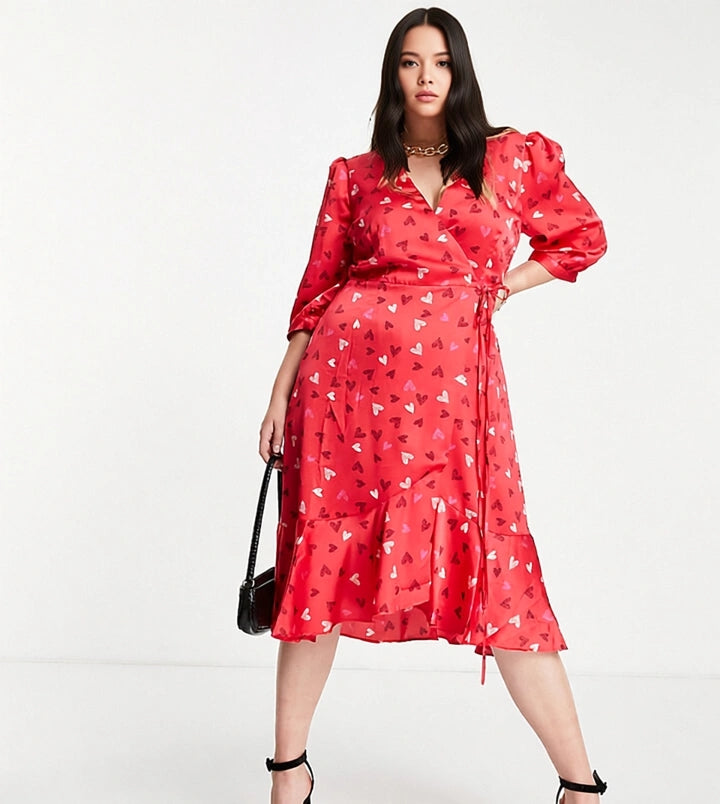 Womens Liquorish Curve Valentines Wrap Midi Dress With Frill Hem In Red Heart Print