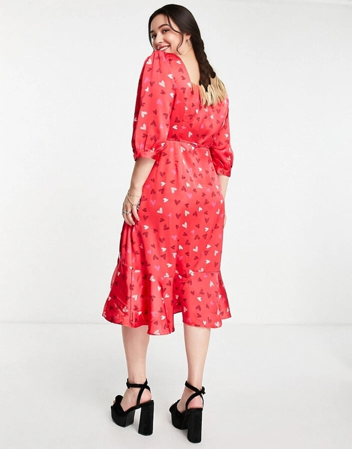Womens Liquorish Curve Valentines Wrap Midi Dress With Frill Hem In Red Heart Print