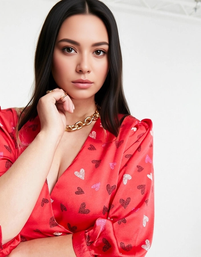 Womens Liquorish Curve Valentines Wrap Midi Dress With Frill Hem In Red Heart Print