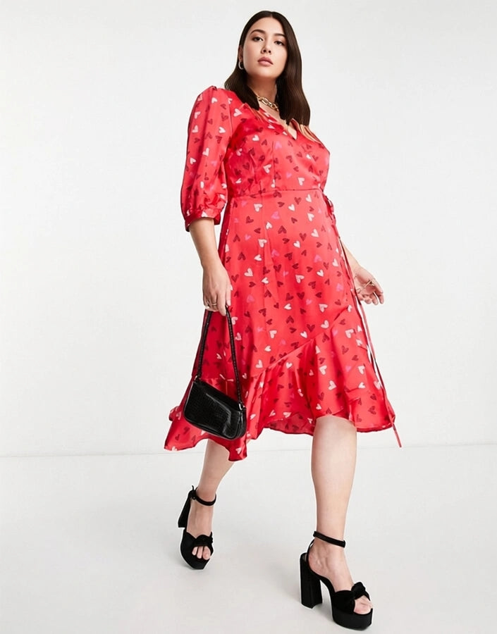 Womens Liquorish Curve Valentines Wrap Midi Dress With Frill Hem In Red Heart Print