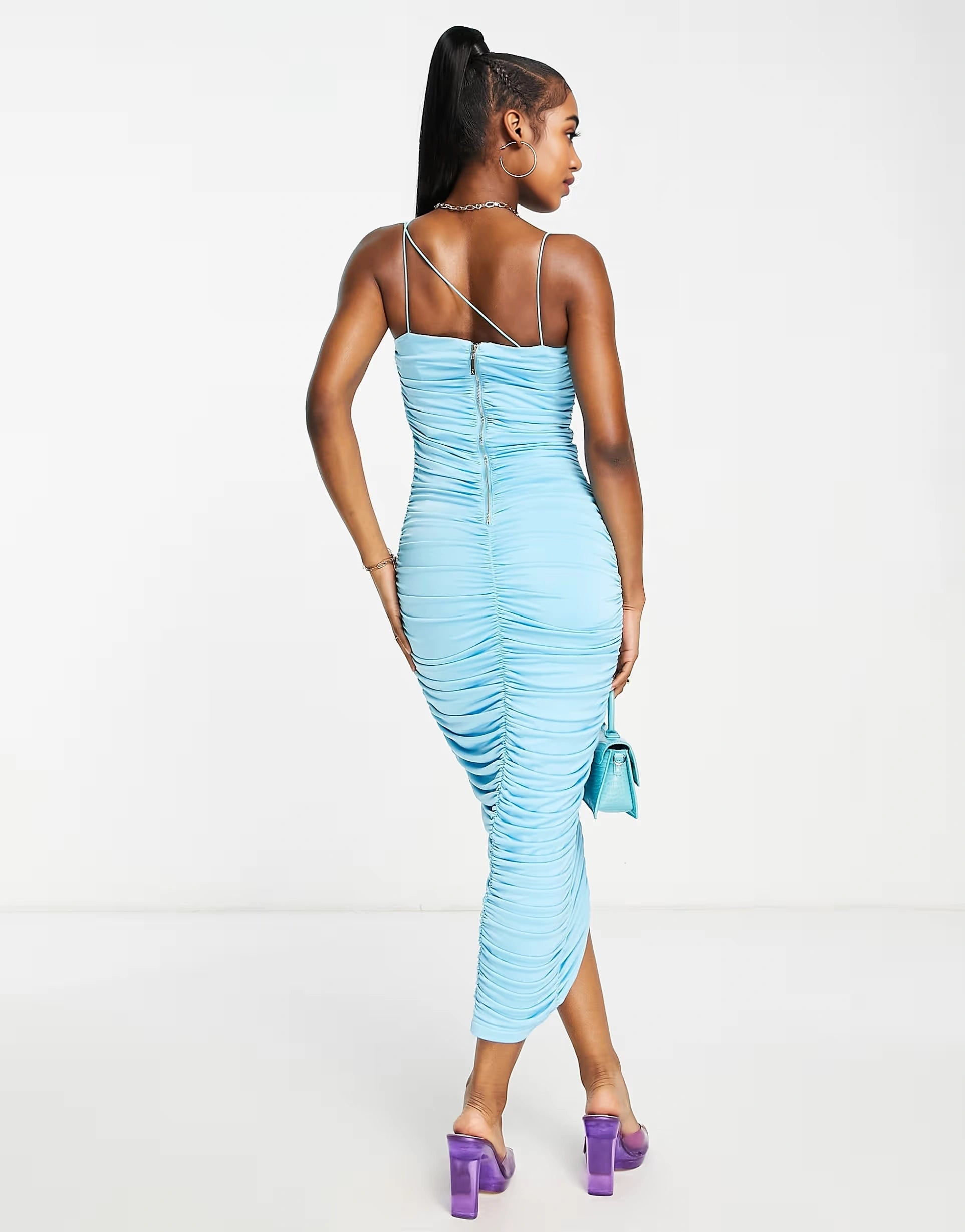 Rare London ruched midi dress with cami straps in blue
