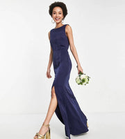 Womens Little Mistress Tall Bridesmaid Satin Maxi Dress With Open Back In Navy