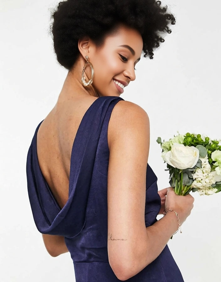 Womens Little Mistress Tall Bridesmaid Satin Maxi Dress With Open Back In Navy