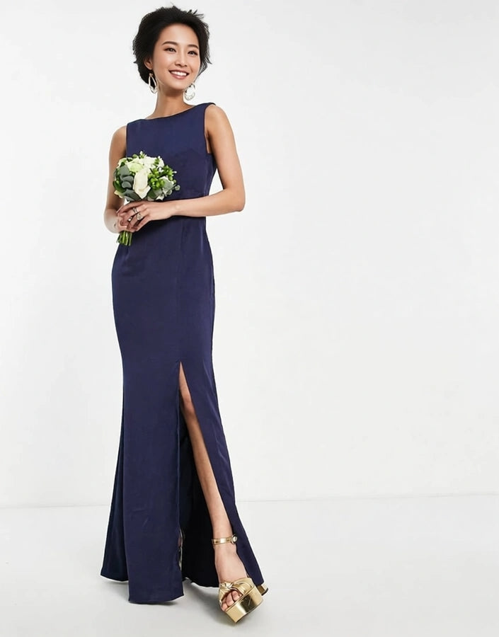 Womens Little Mistress Tall Bridesmaid Satin Maxi Dress With Open Back In Navy