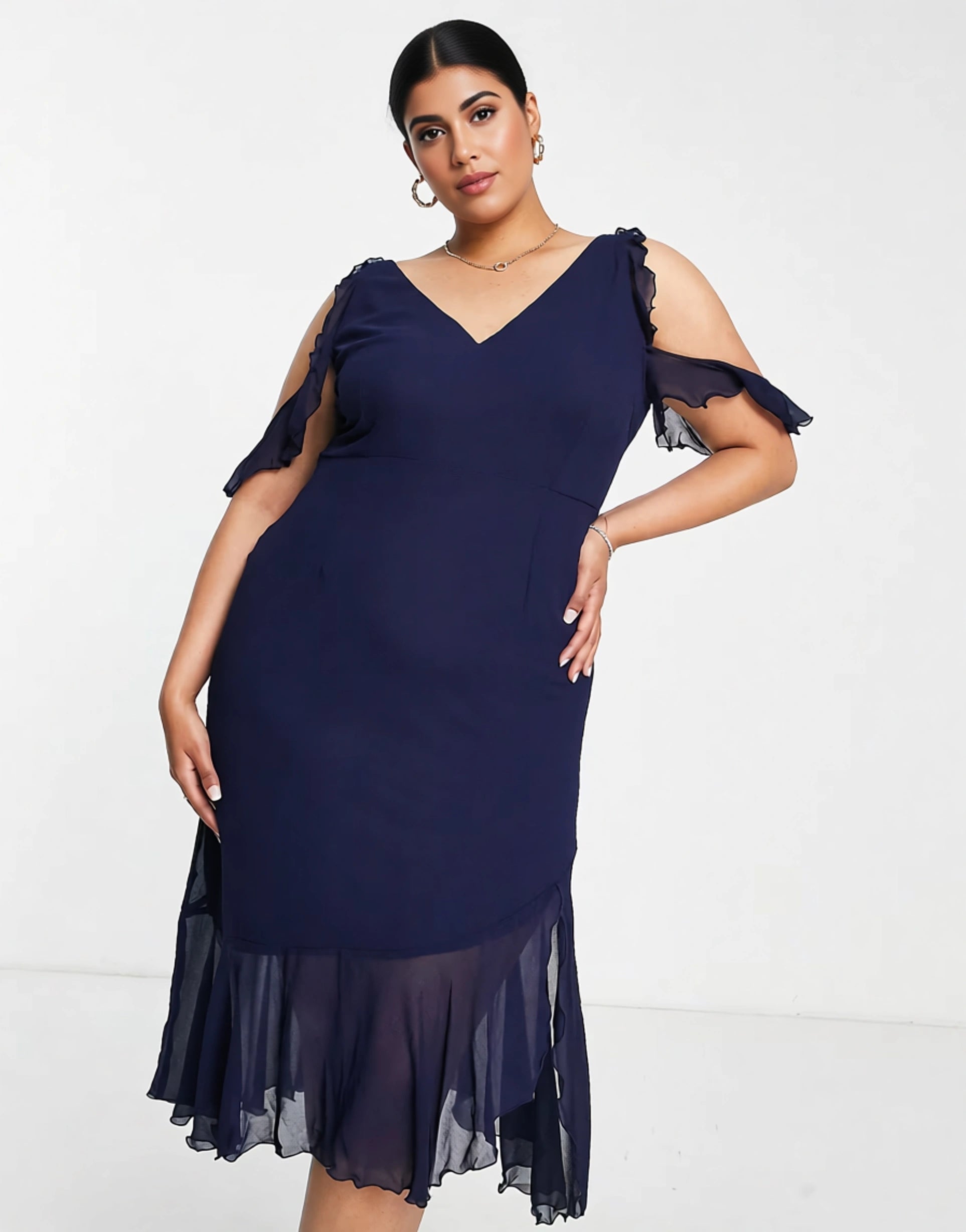 Little Mistress Plus Womens Bridesmaid Cold Shoulder Midi Dress In Navy