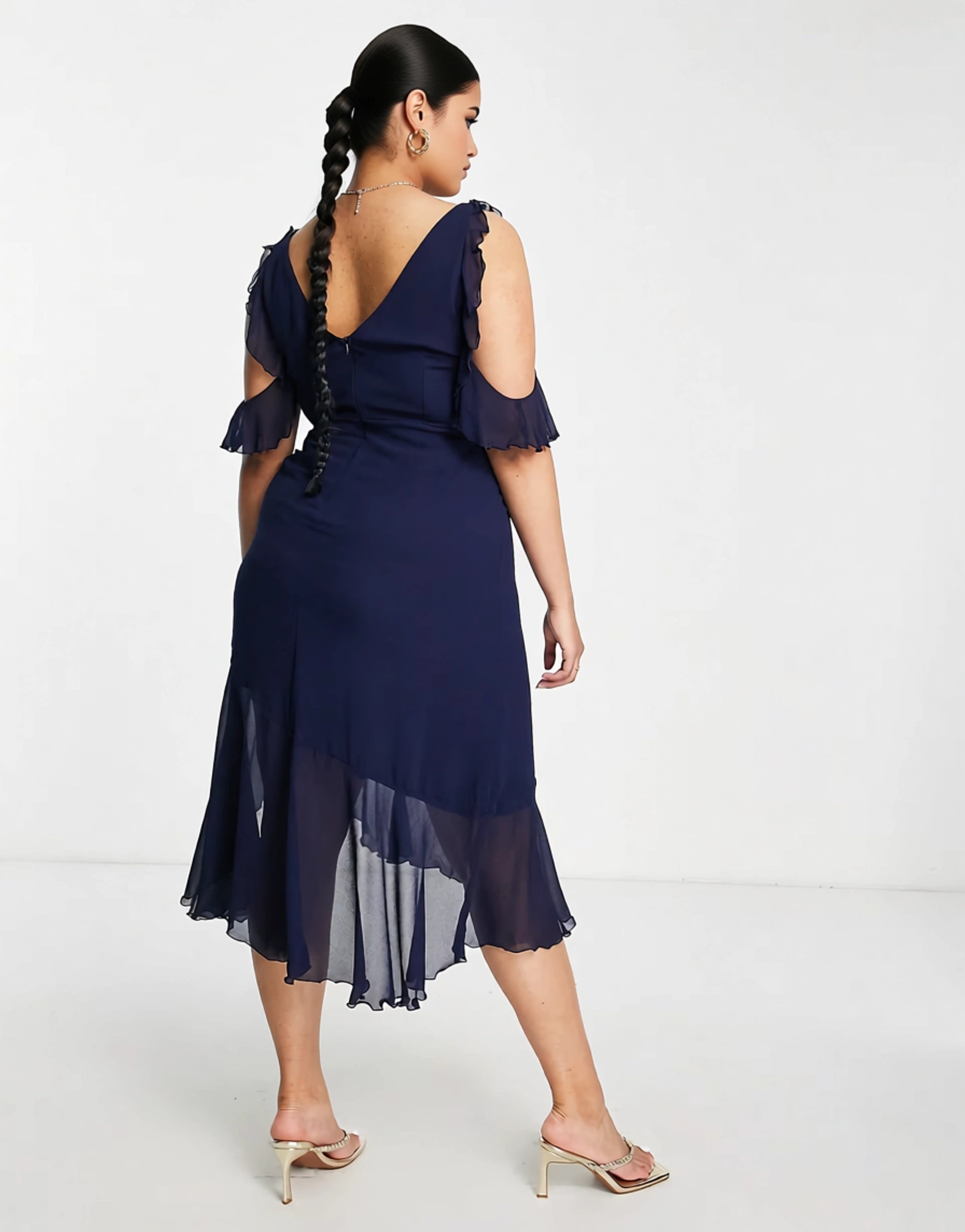 Little Mistress Plus Womens Bridesmaid Cold Shoulder Midi Dress In Navy