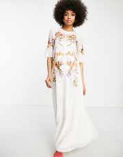 Hope & Ivy Maternity fluted sleeve embroidered maxi dress in ivory