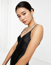 Womens Flounce London Petite Satin Asymmetric  Midi Slip Dress In Black