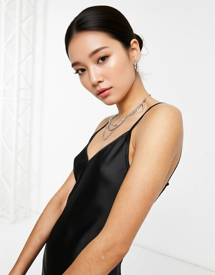 Womens Flounce London Petite Satin Asymmetric  Midi Slip Dress In Black