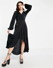 Flounce London Womens Satin Long Sleeve Wrap Maxi Dress In Black
