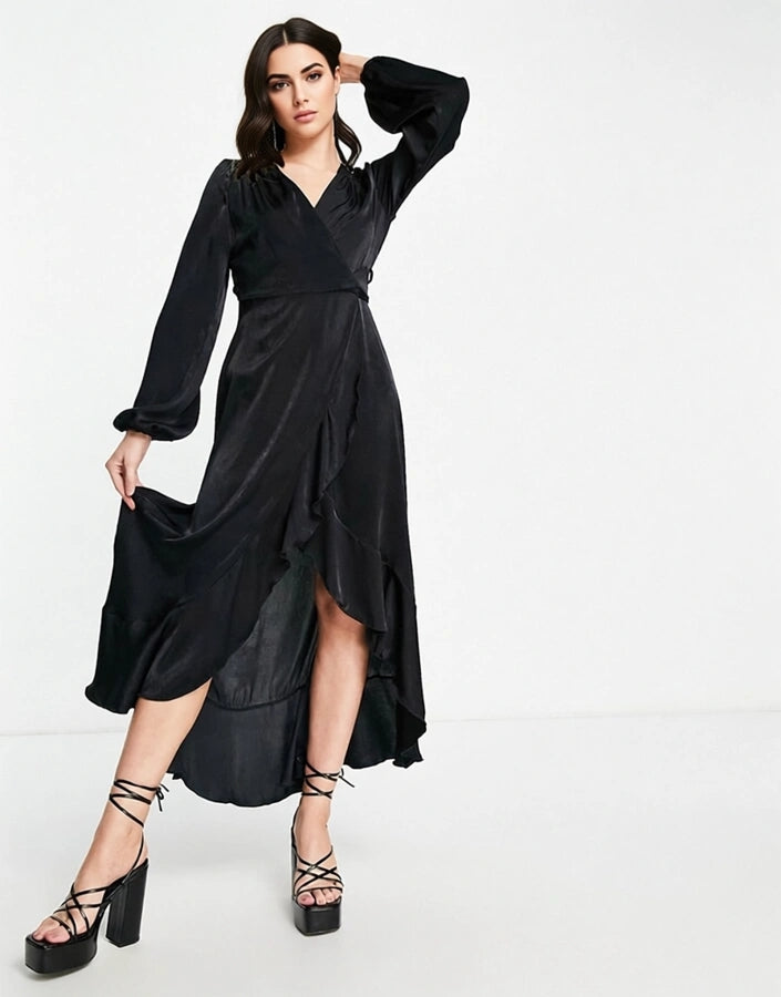 Flounce London Womens Satin Long Sleeve Wrap Maxi Dress In Black