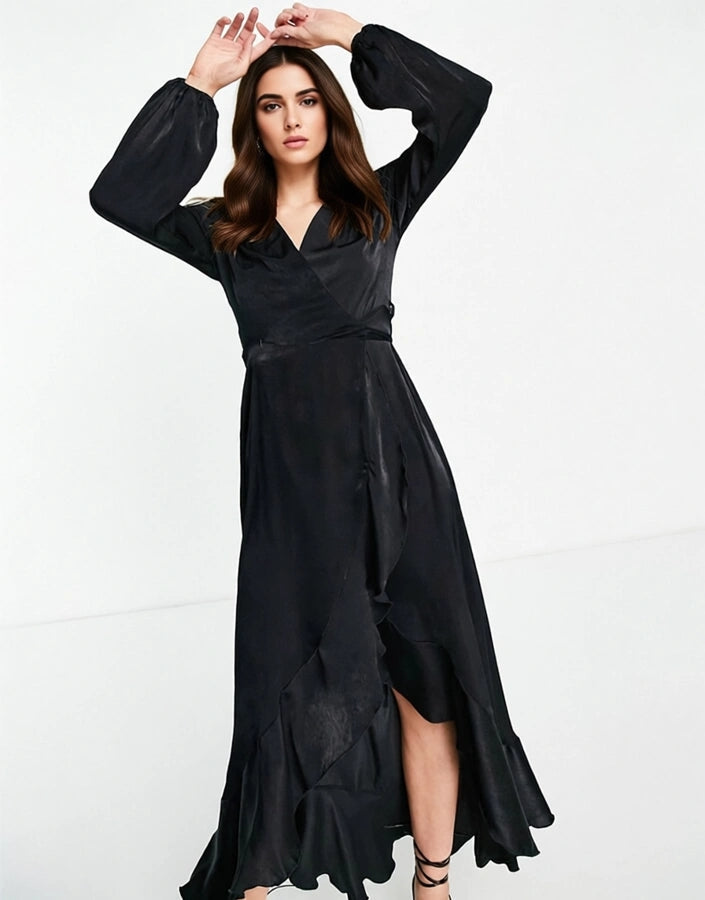 Flounce London Womens Satin Long Sleeve Wrap Maxi Dress In Black