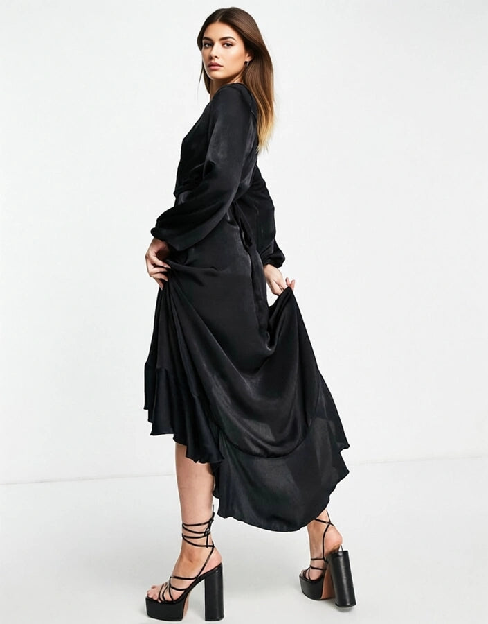 Flounce London Womens Satin Long Sleeve Wrap Maxi Dress In Black