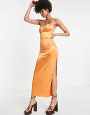 Flounce London Womens Tall Satin Midi Dress With Ruched Cup Detail in Tangerine