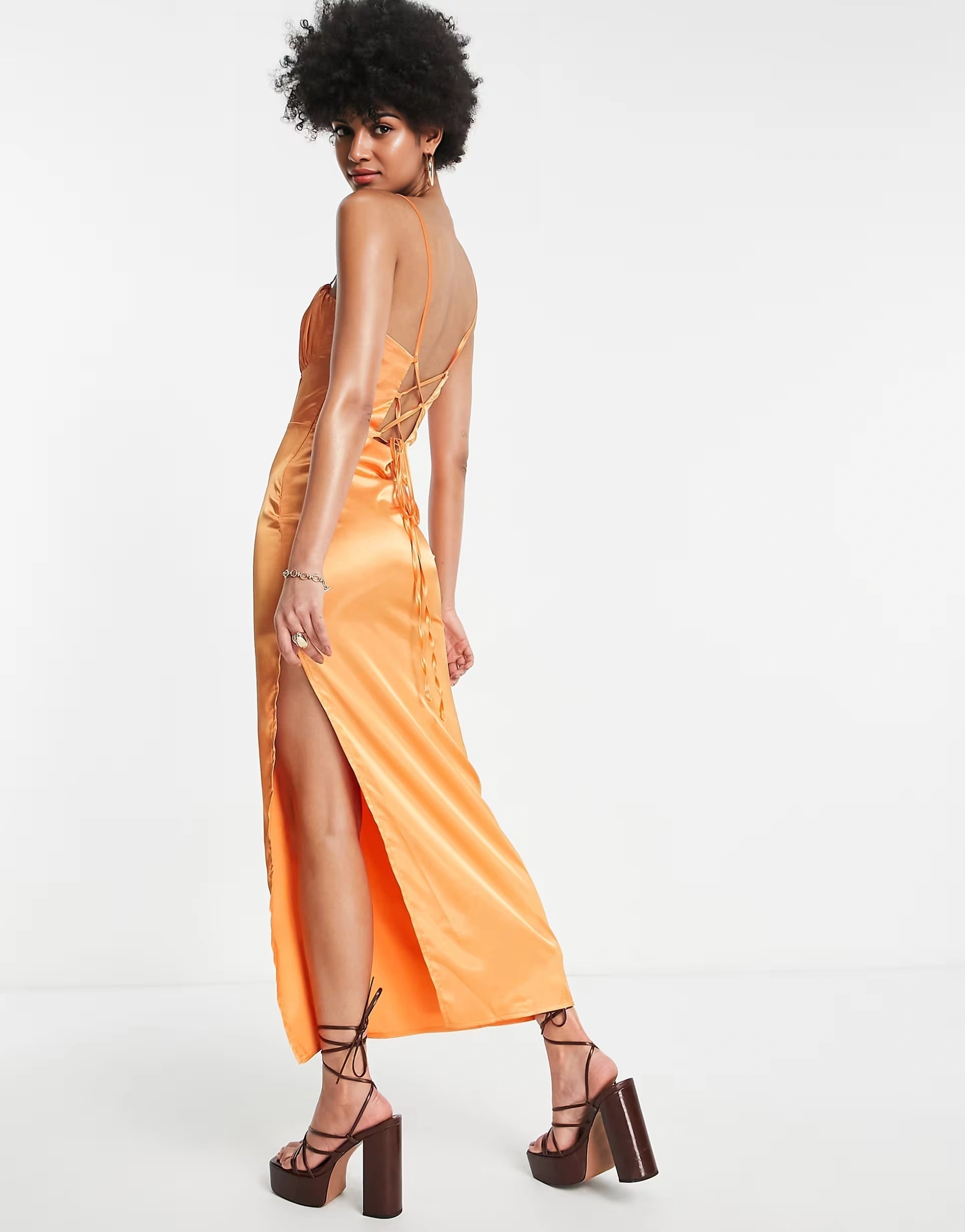 Flounce London Womens Tall Satin Midi Dress With Ruched Cup Detail in Tangerine