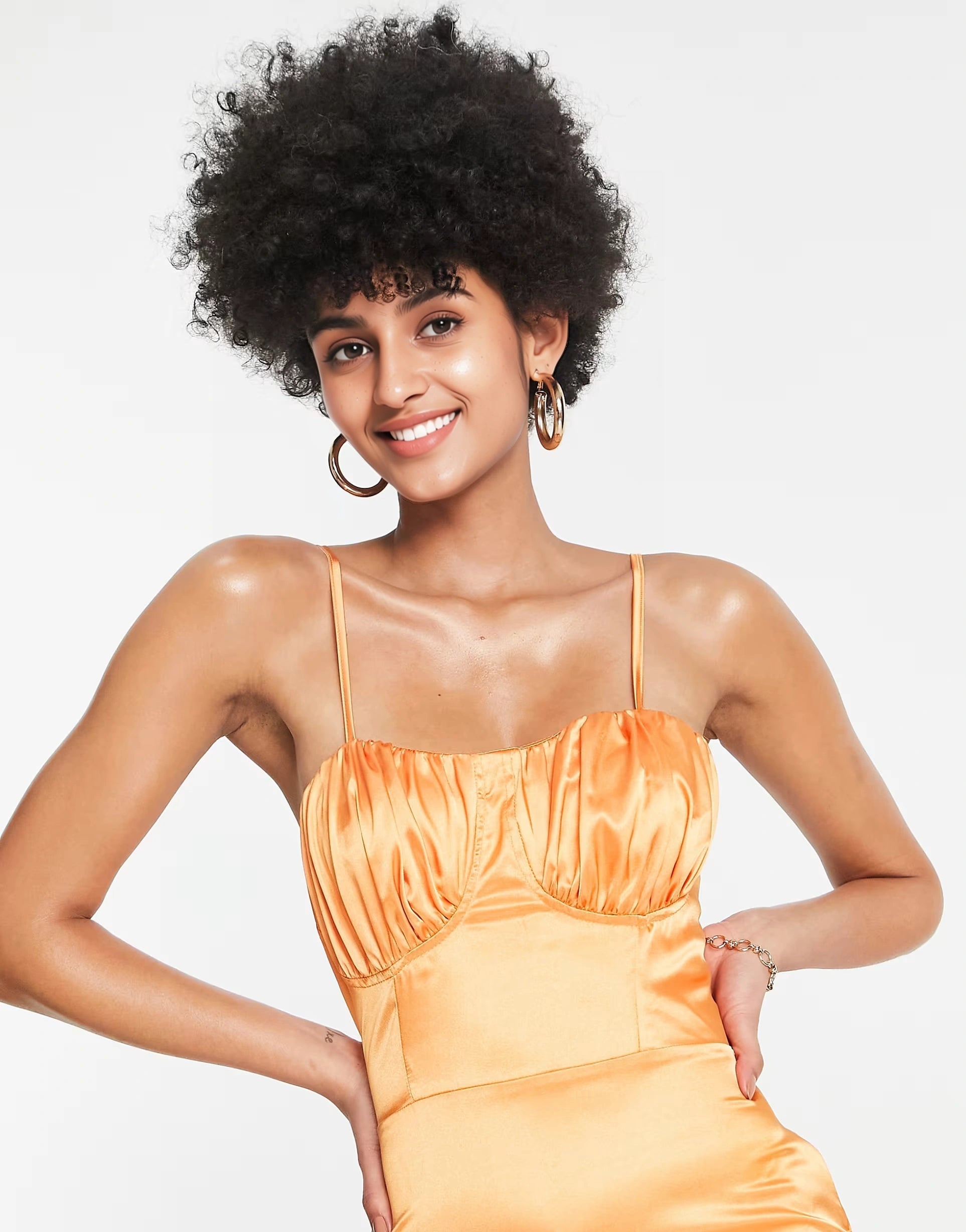Flounce London Womens Tall Satin Midi Dress With Ruched Cup Detail in Tangerine