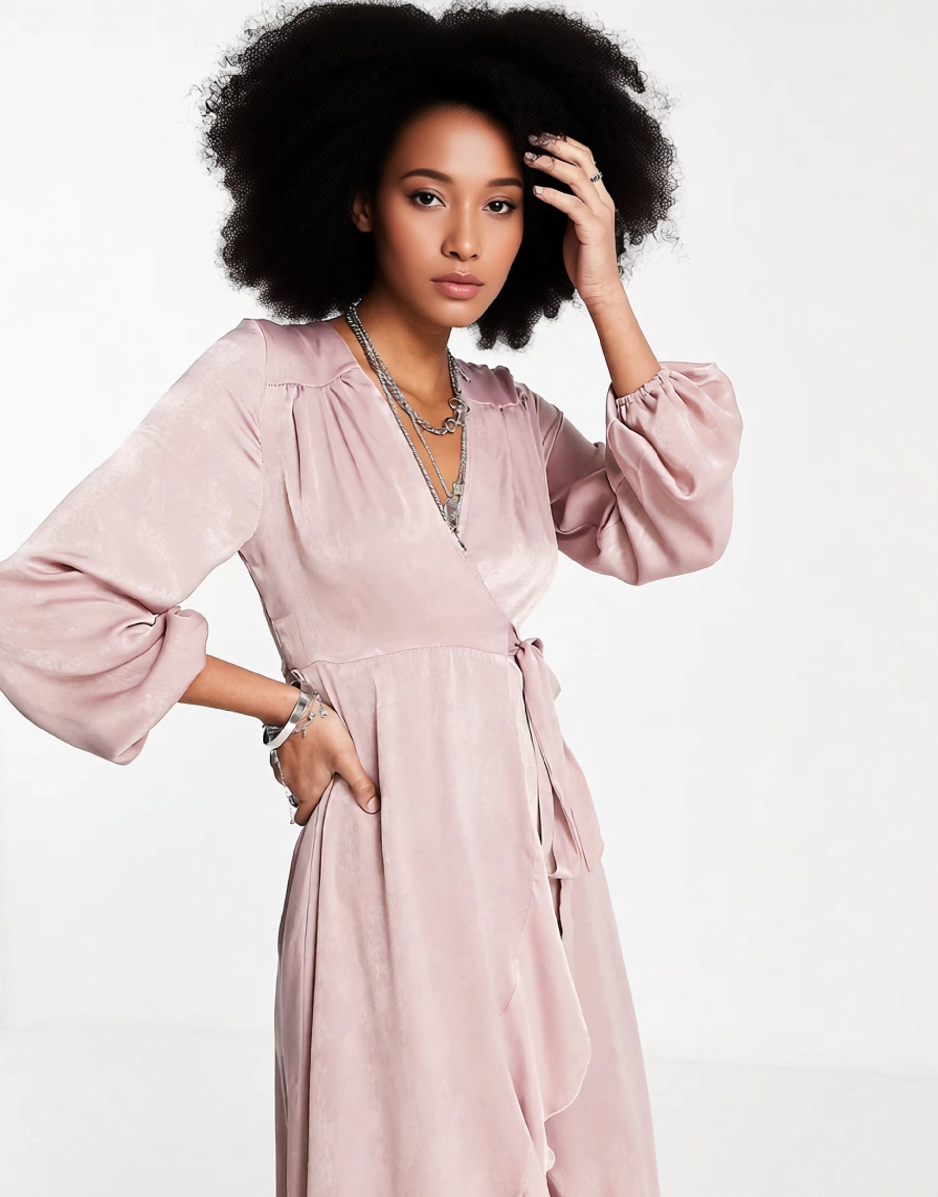 Womens Flounce London Satin Long Sleeve Wrap Maxi Dress In Blush Pink