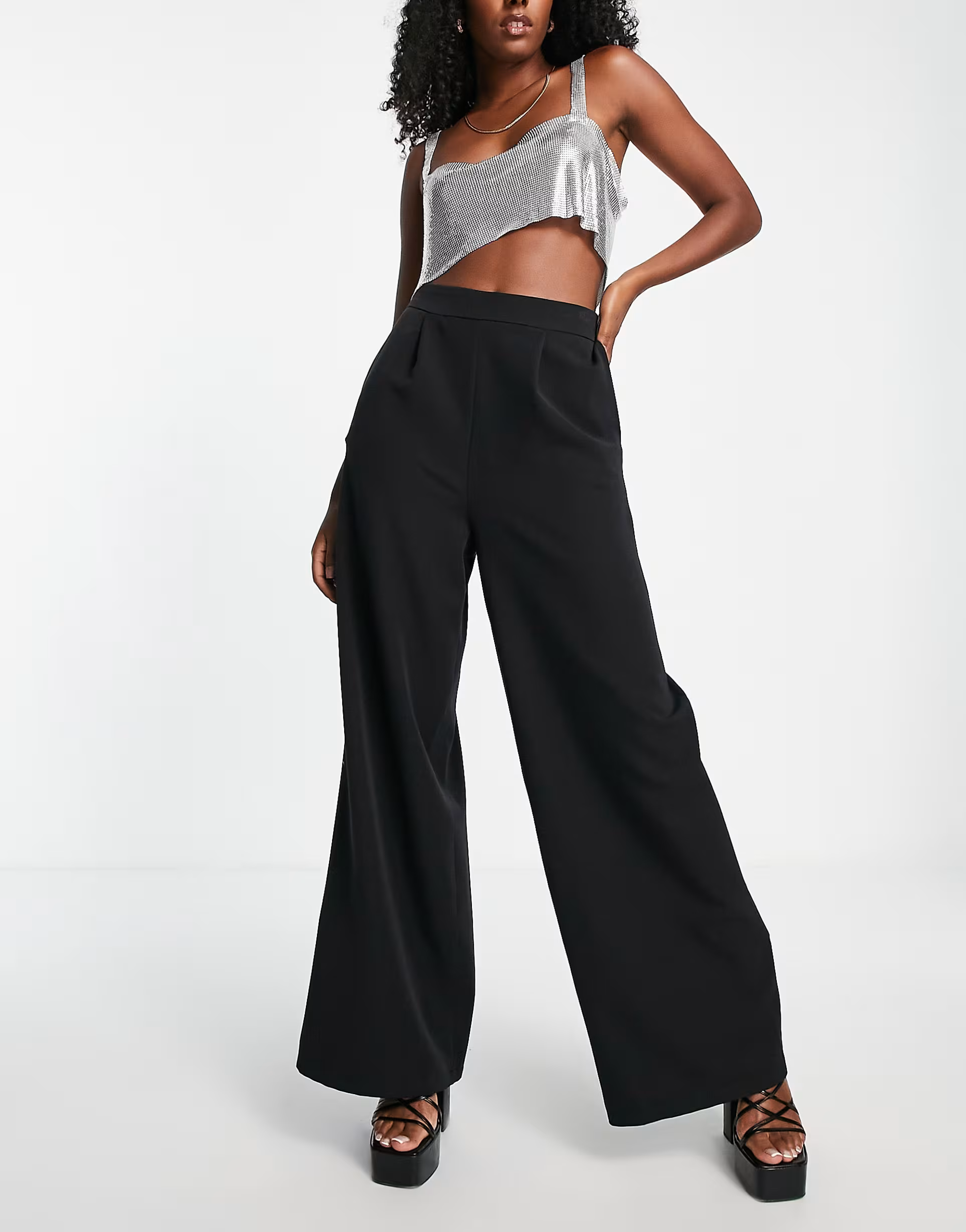Flounce London Womens Satin Wide Leg Trousers With Pleated Front In Black