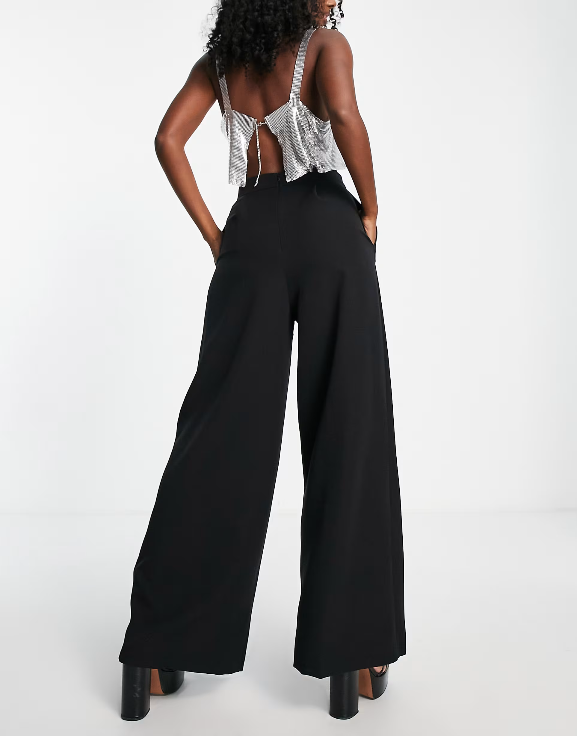 Flounce London Womens Satin Wide Leg Trousers With Pleated Front In Black