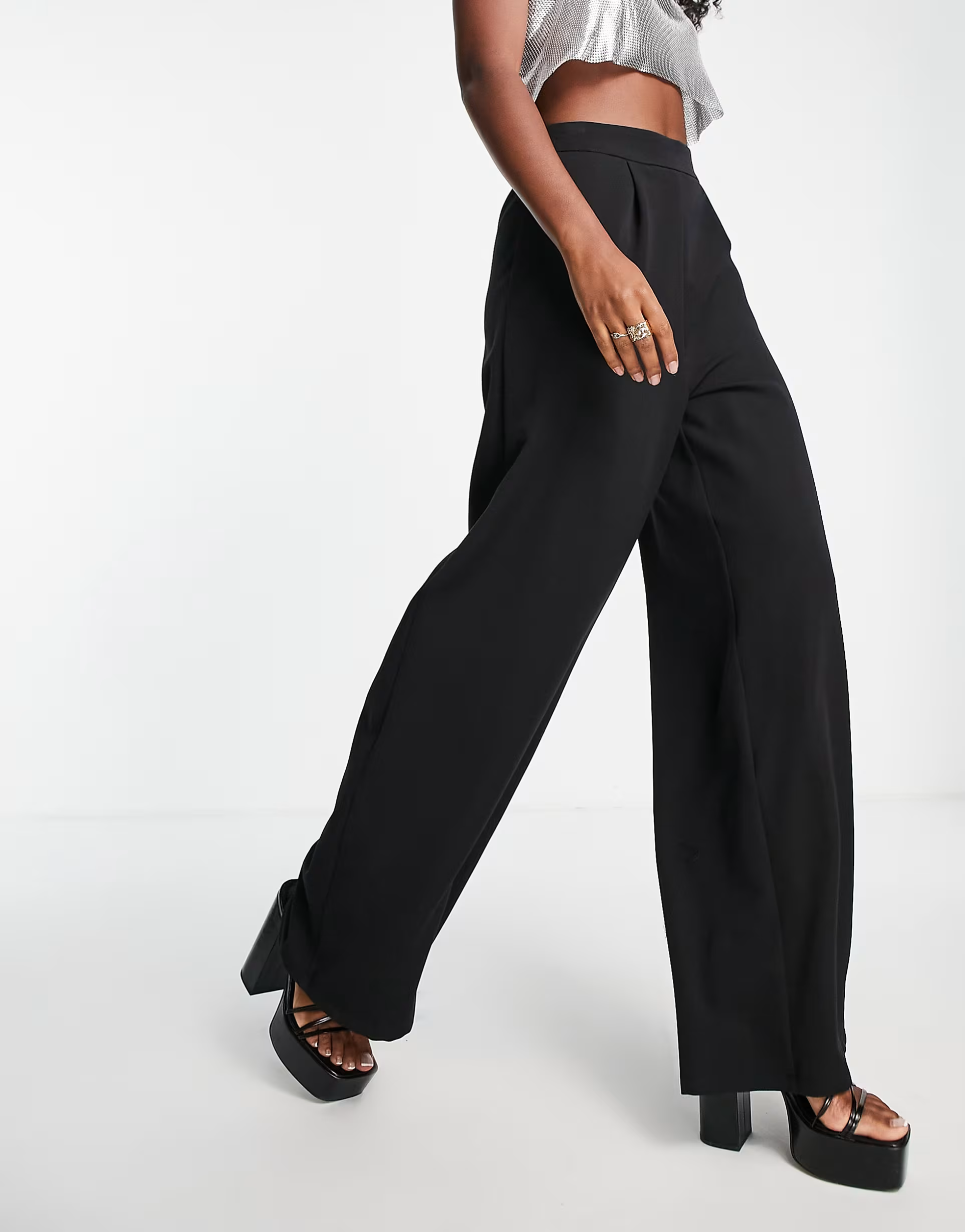 Flounce London Womens Satin Wide Leg Trousers With Pleated Front In Black