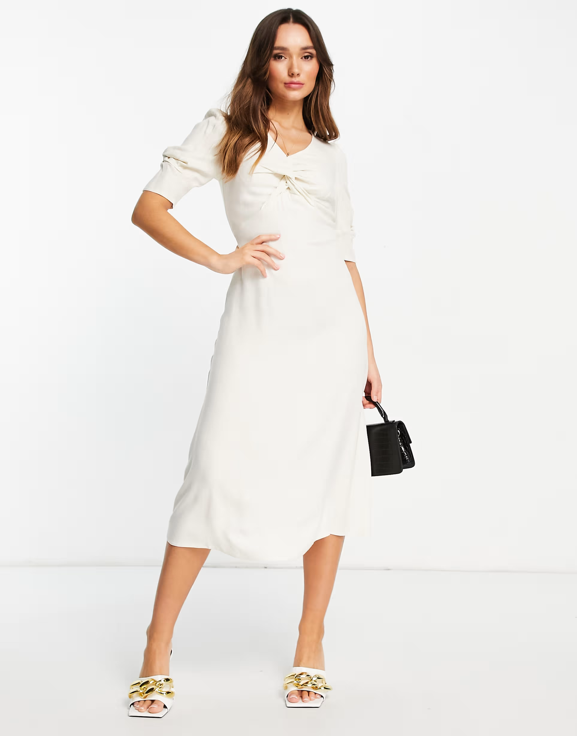 Closet London twist front puff sleeve midi dress in cream