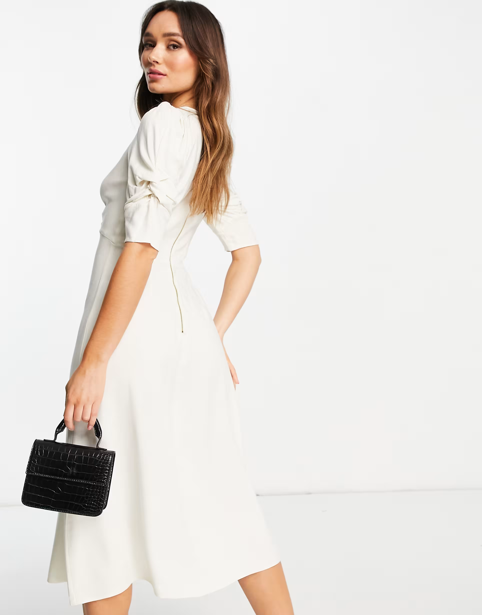 Closet London twist front puff sleeve midi dress in cream