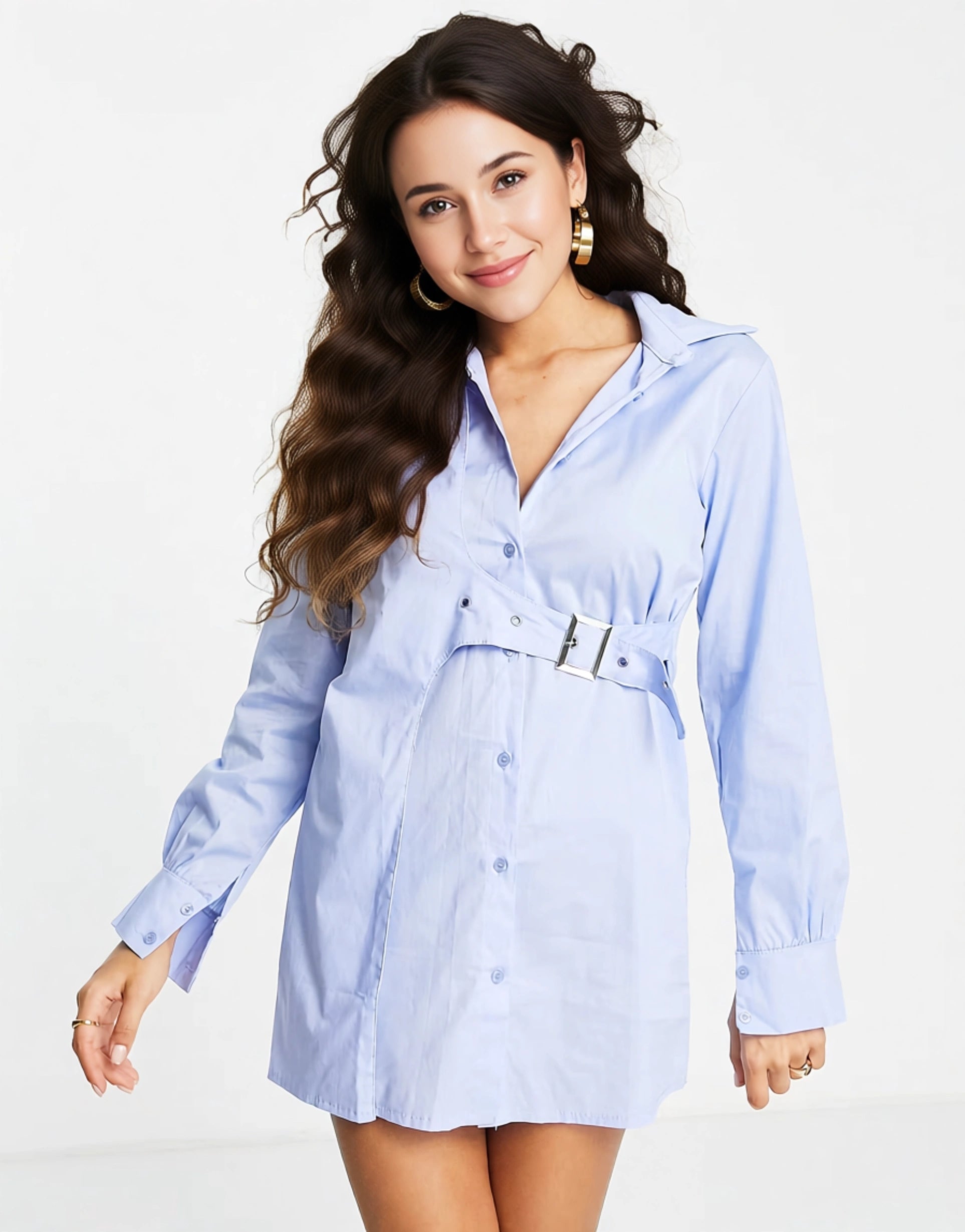 I Saw It First Womens Buckle Detail Shirt Dress in Chambray Blue