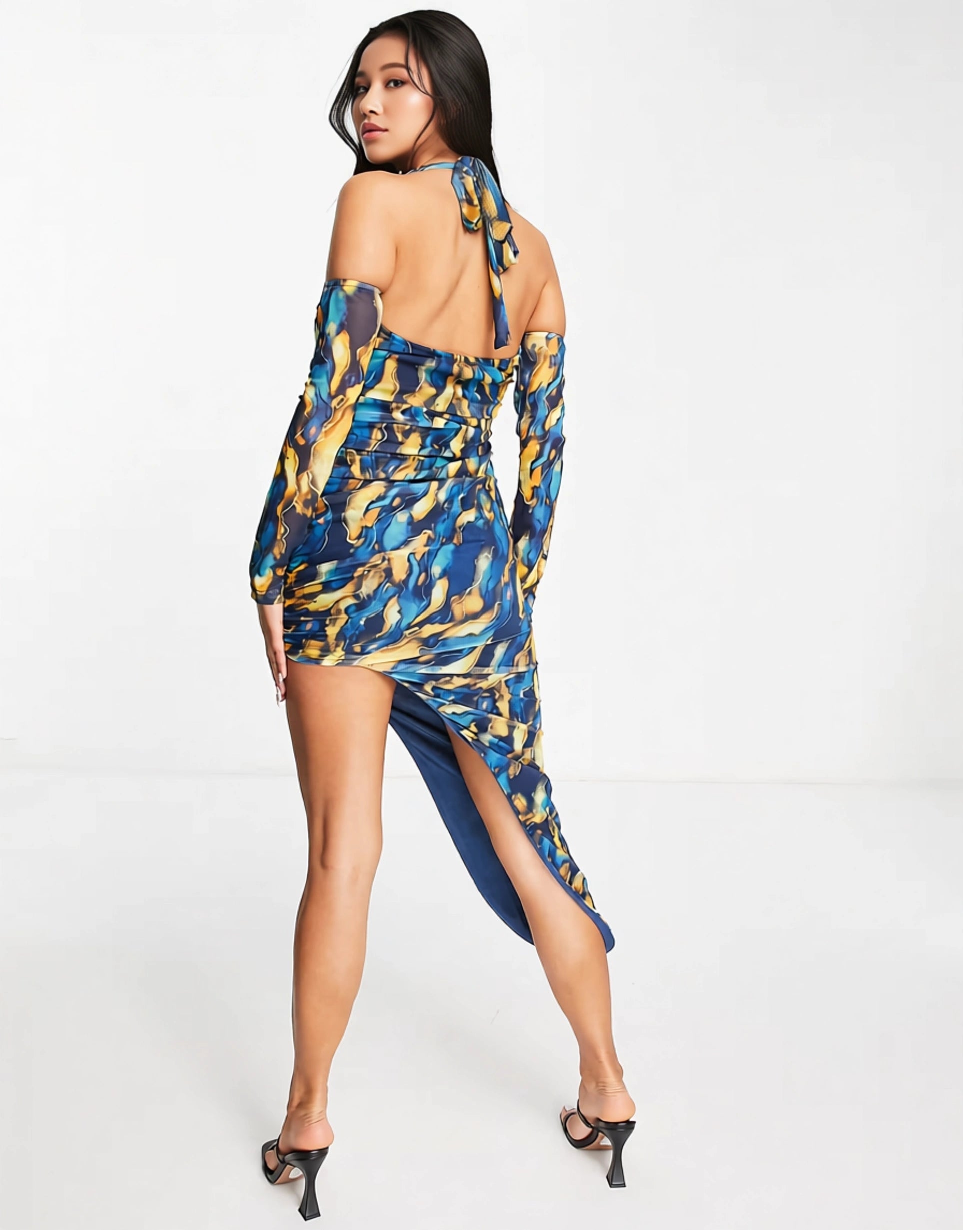 Womens Naanaa Halter Neck Side Ruched Dress With Sleeves In Blue Marble
