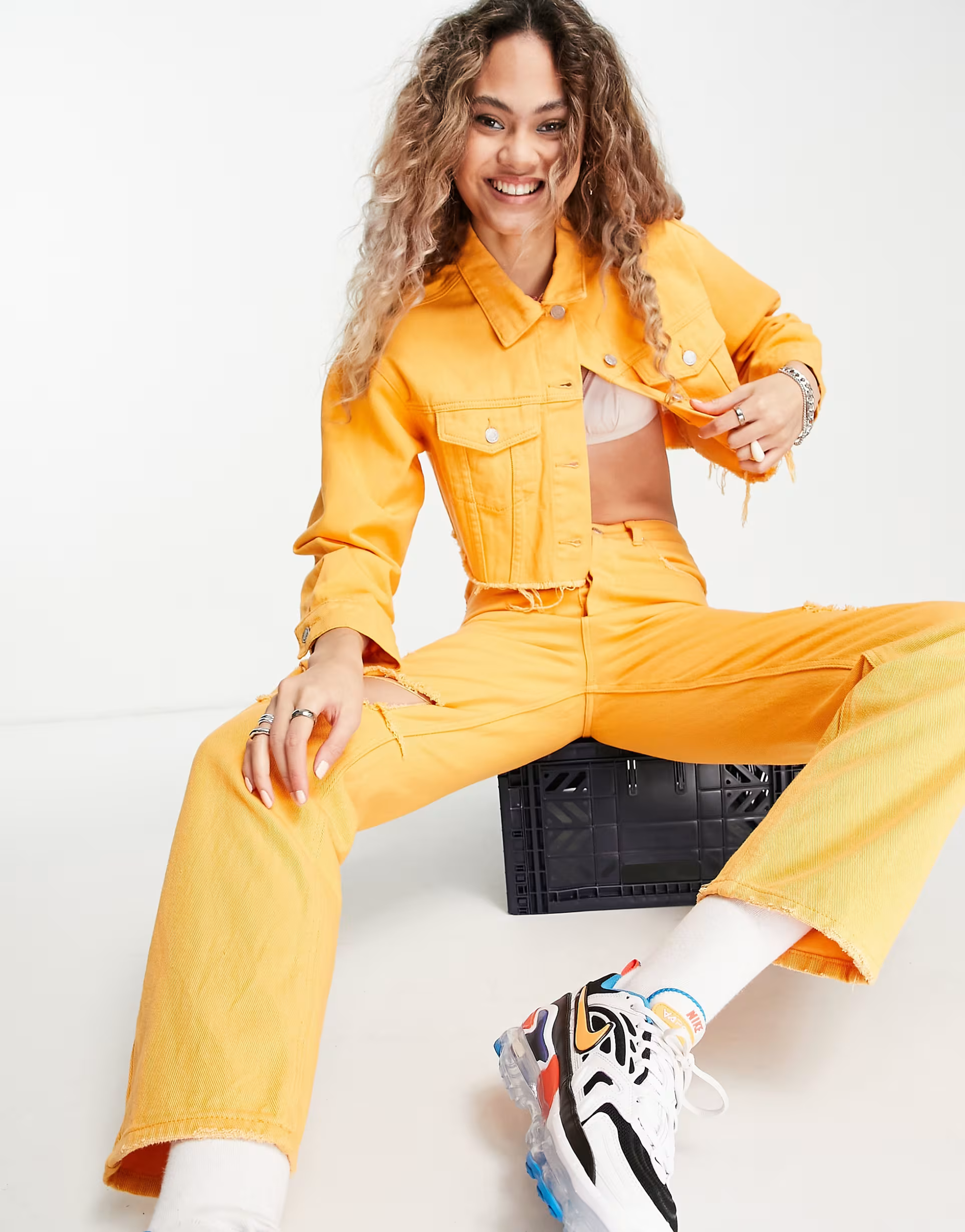 Signature 8 co-ord denim straight ripped jeans in orange