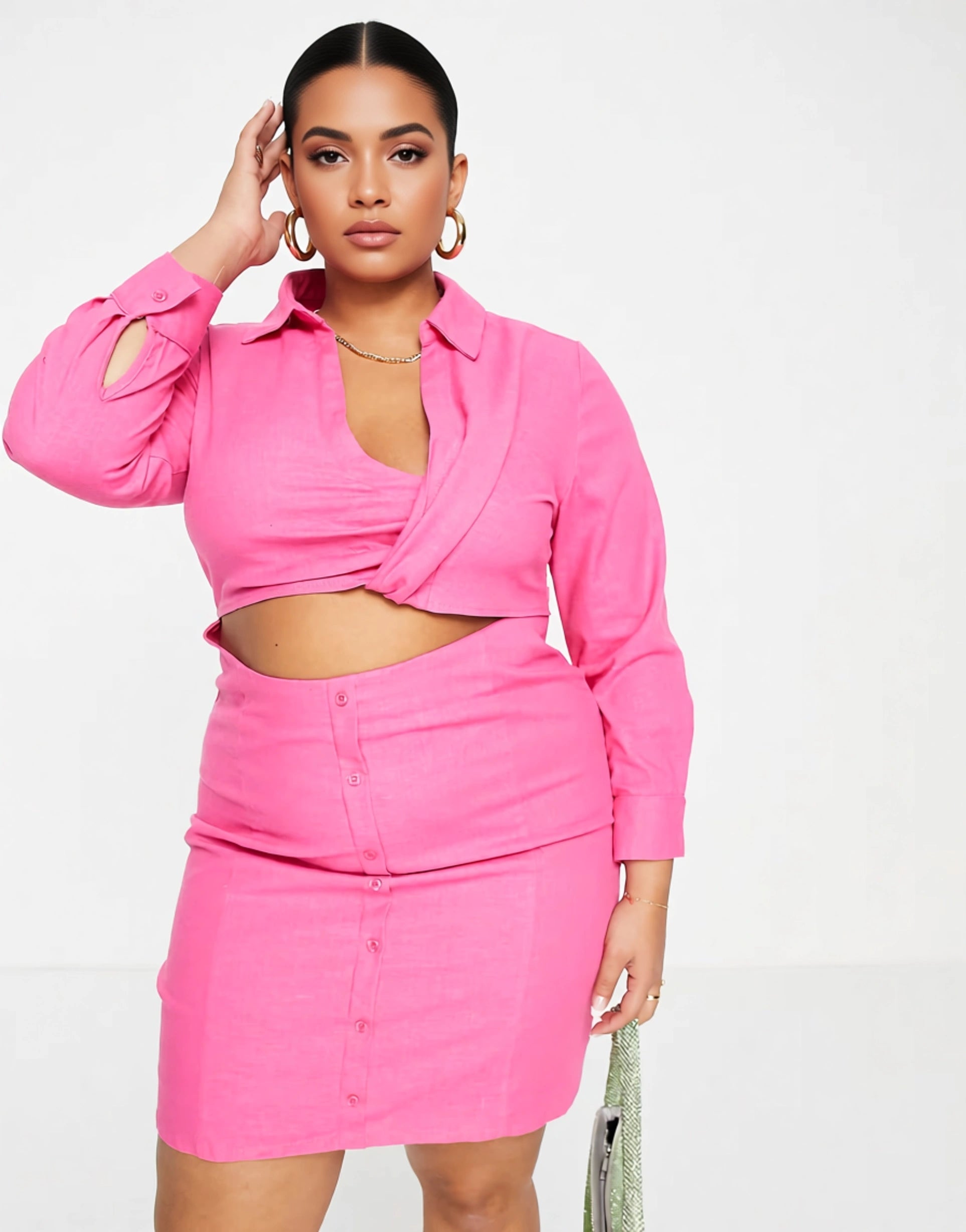 Simmi London Plus Women's Collar Detail Shirt Dress With Cut Out Waist In Pink