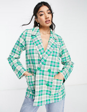 Monki Womens Blazer in Green Check Print