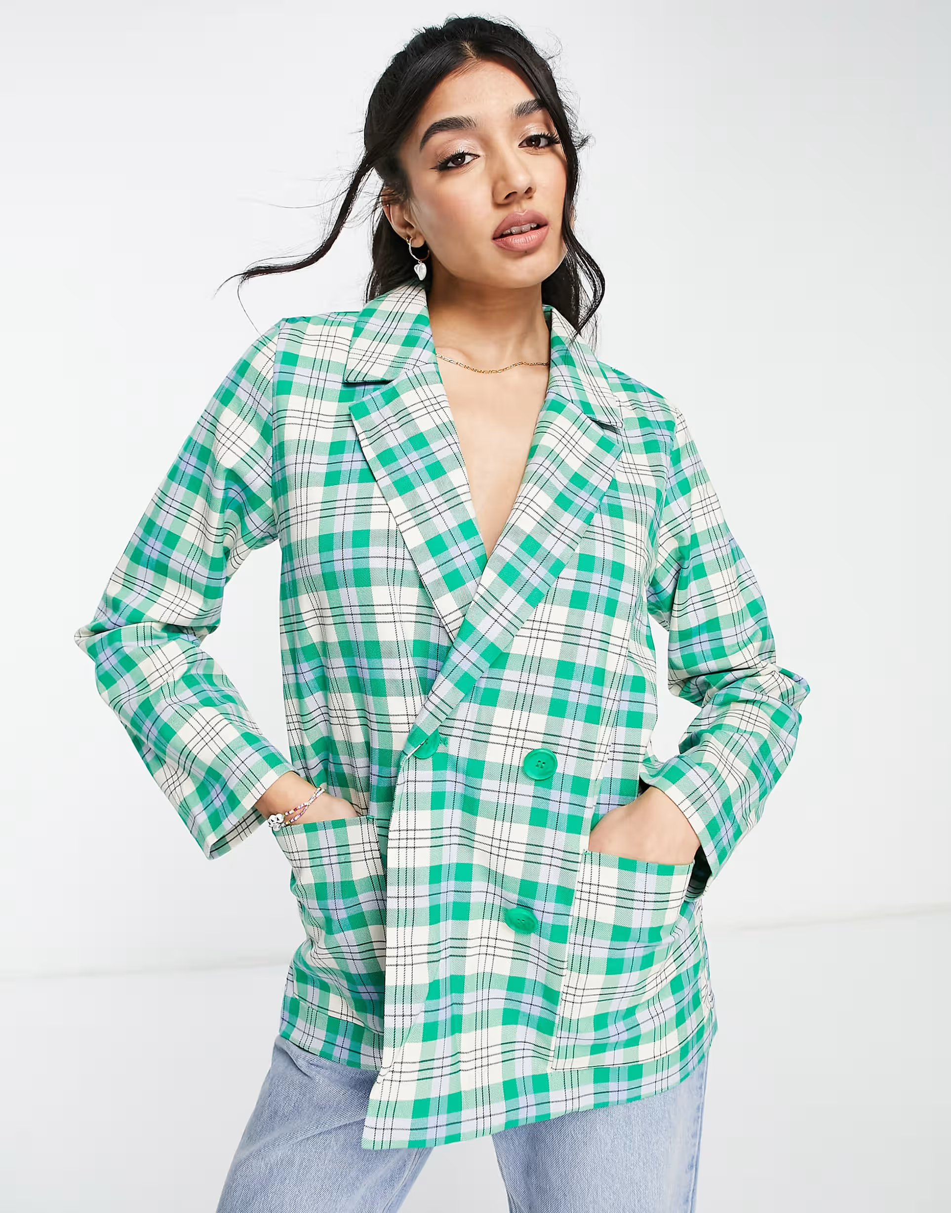 Monki Womens Blazer in Green Check Print