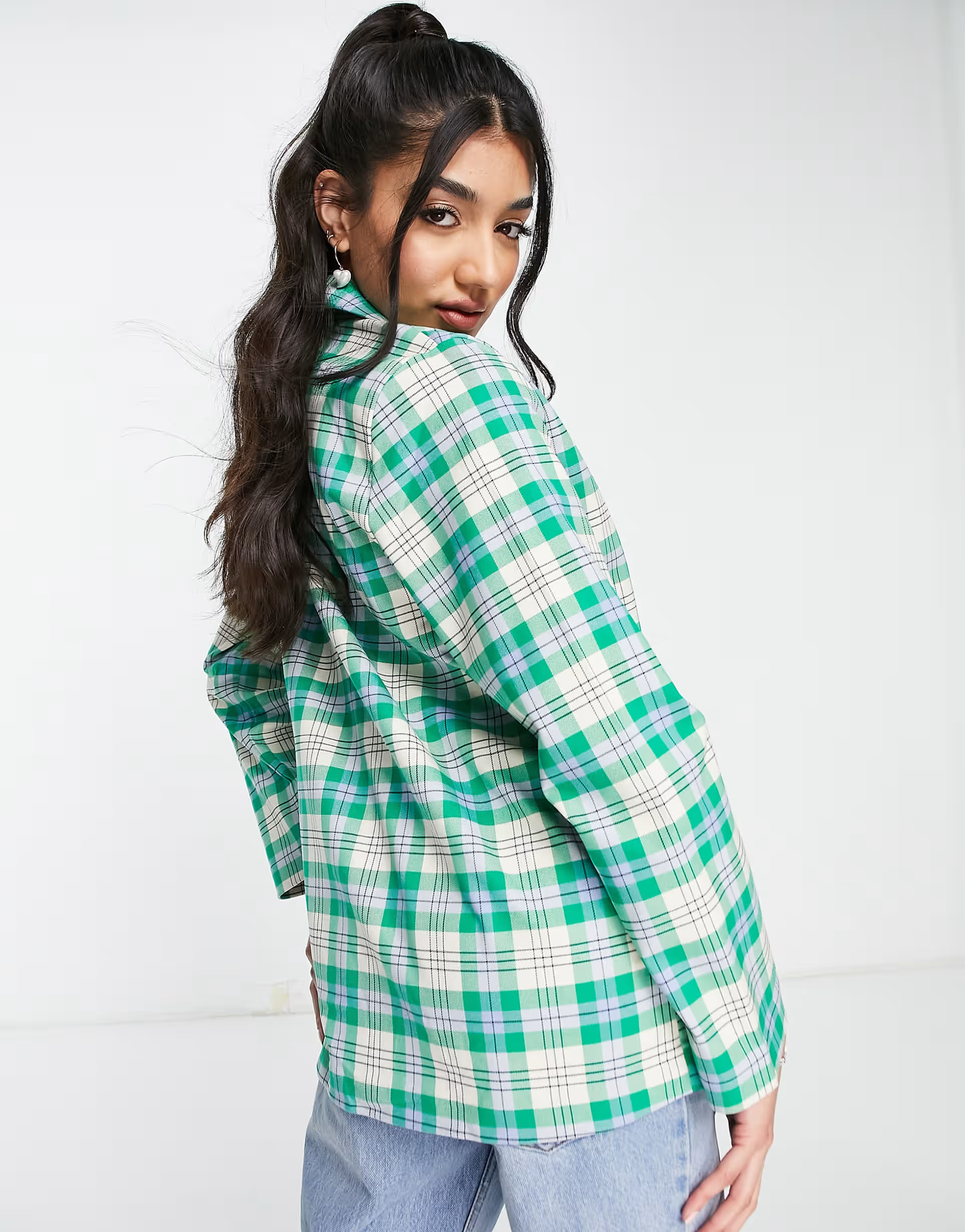 Monki Womens Blazer in Green Check Print