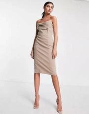 Lavish Alice Women's Cowl Front Bandeau Midi Pencil Dress in Stone In Neutral