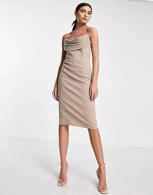 Lavish Alice Women's Cowl Front Bandeau Midi Pencil Dress in Stone In Neutral